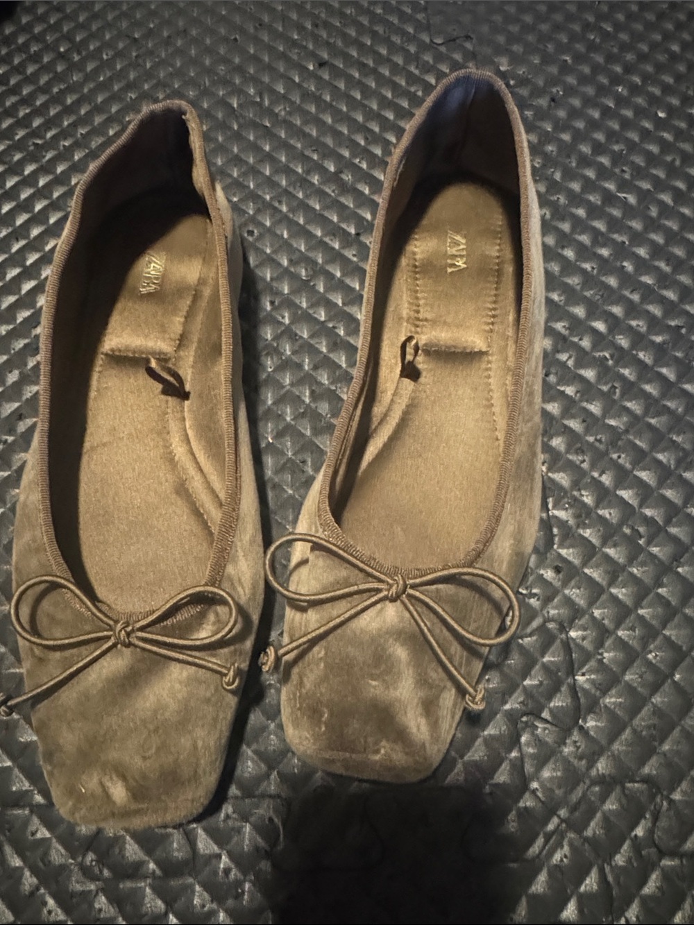 Zara Brown Suede Square-Toe Ballet Flats with Bow